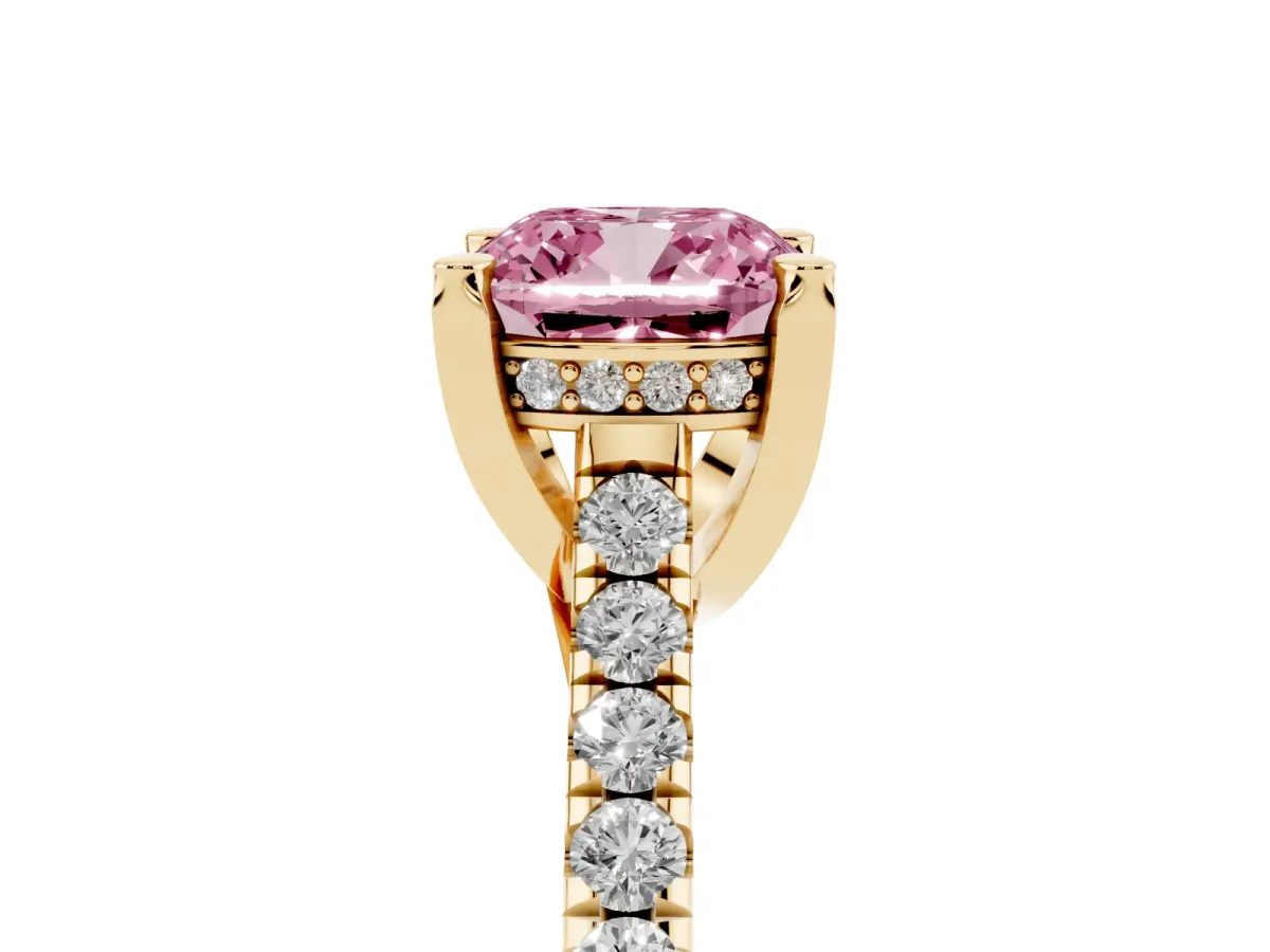Fancy Pink Cushion Cut Brilliant Diamond Solitaire with Pavé Band and Four-Prong Setting Yellow gold