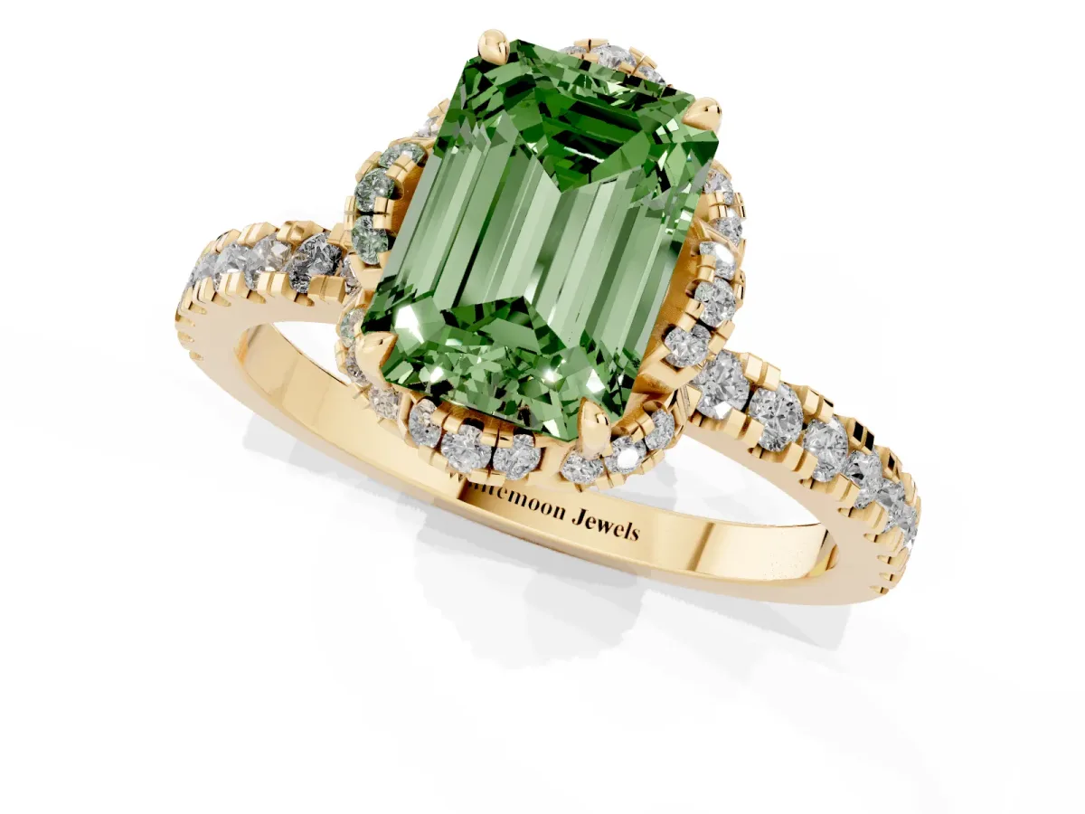 Fancy Green Emerald Cut Diamond Halo Pave Band with Four-Prong Setting Yellow gold