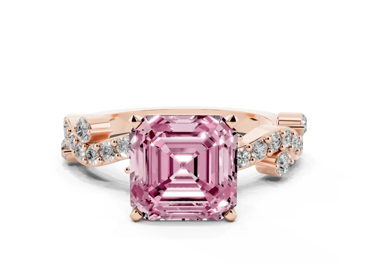 Fancy Pink Asscher Cut Cut Solitaire Diamond Twisted Band with Pave Setting Rose gold