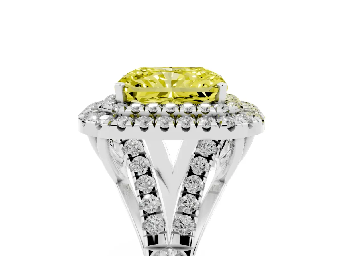 Fancy Yellow Radiant Cut Diamond Double Halo Ring with Split Shank and Prong Setting Platinum