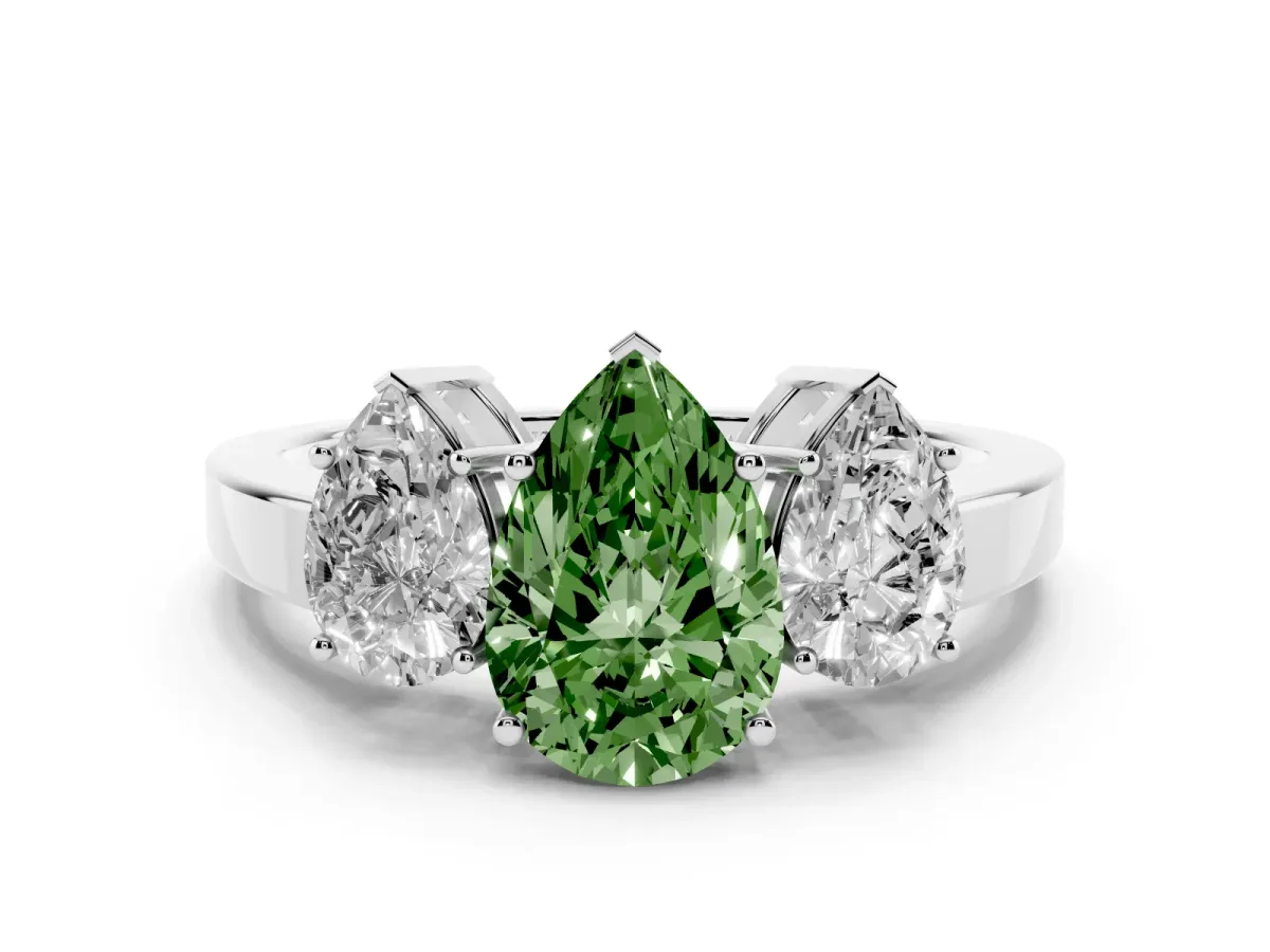 Fancy Green Three-Stone Pear Cut Cut Diamond Engagement Ring with Flat Band and Four-Prong Setting Silver
