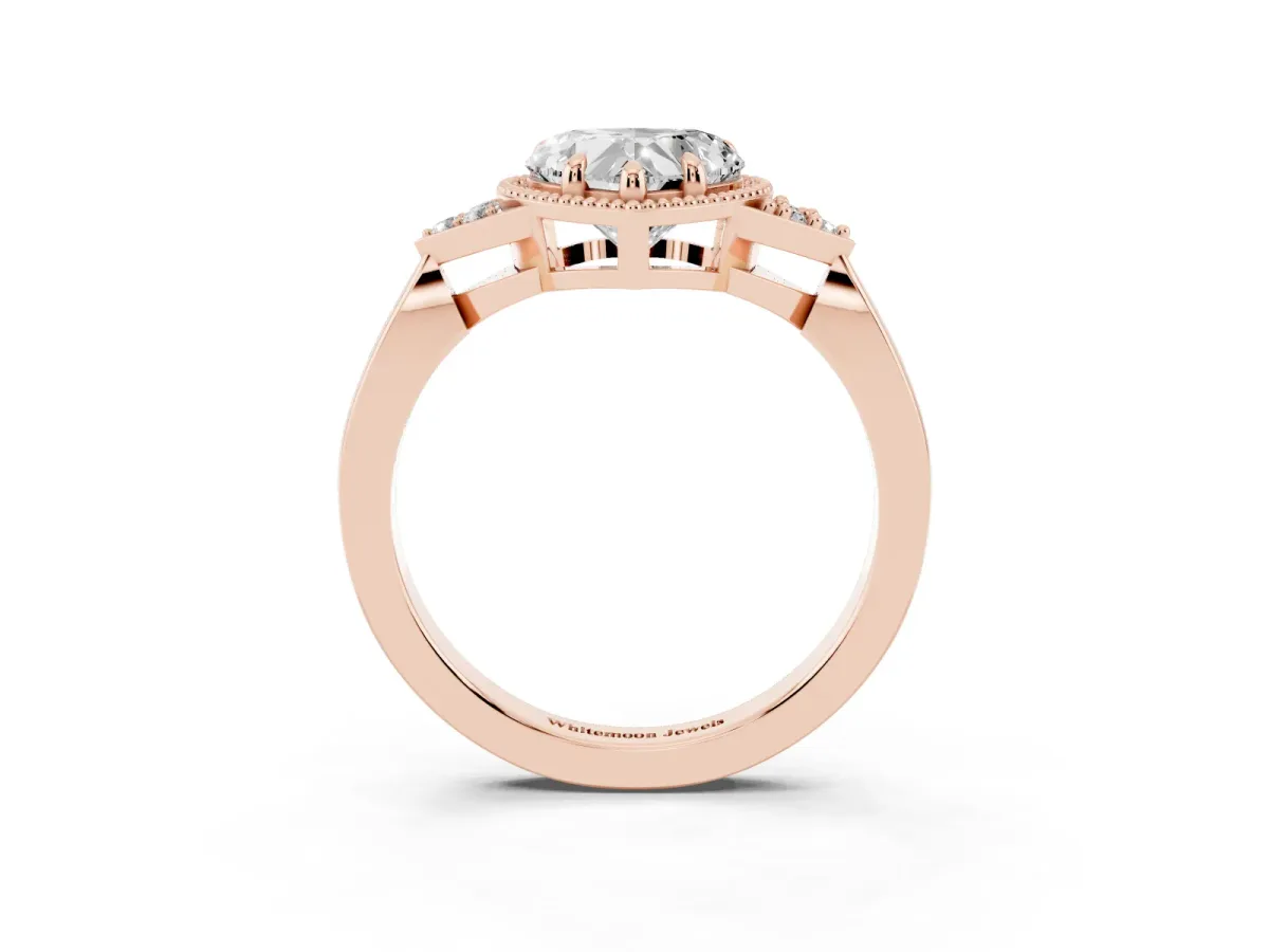 Milgrain Heart Cut Cut Diamond Ring with Tapered Pave Band and Four Prong Setting Rose gold