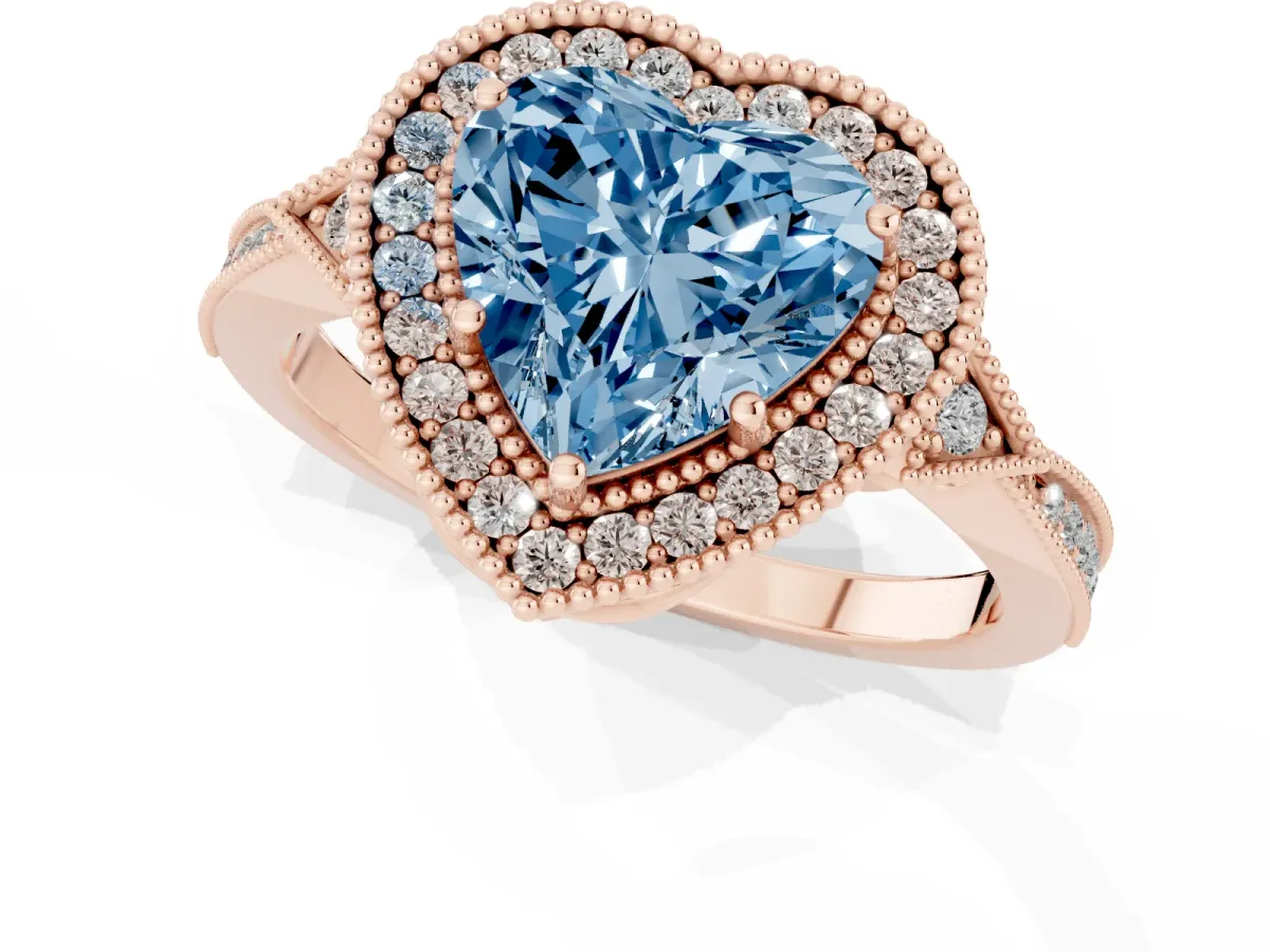 Fancy Blue Heart Cut Halo Round Diamond Milgrain Pave Engagement Ring Rose gold