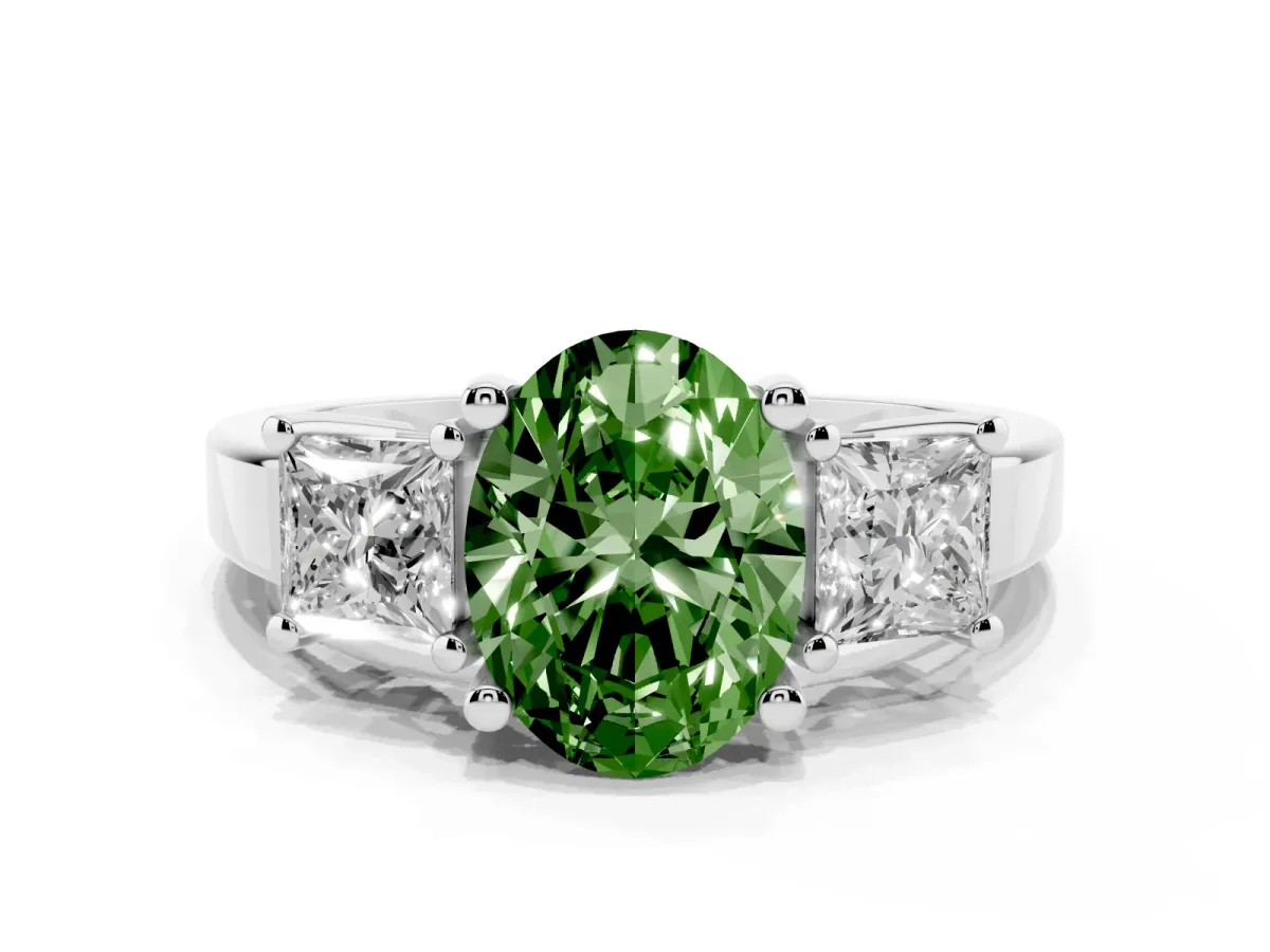 Fancy Green Three-Stone Oval Cut Cut Solitaire Ring with Prong Setting Platinum