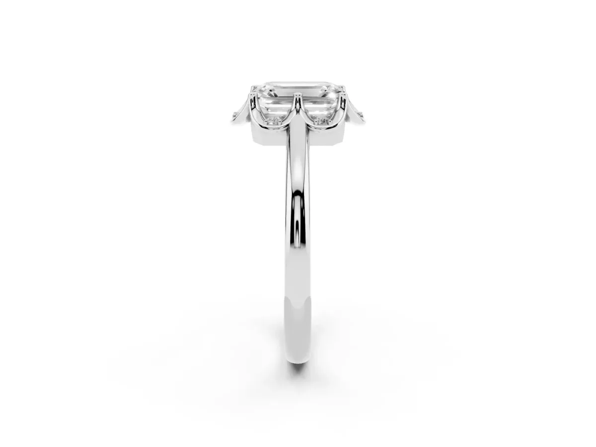 Emerald Cut Halo Diamond Ring with Round Cluster Setting, Solitaire Band, and Four-Prong Setting Silver