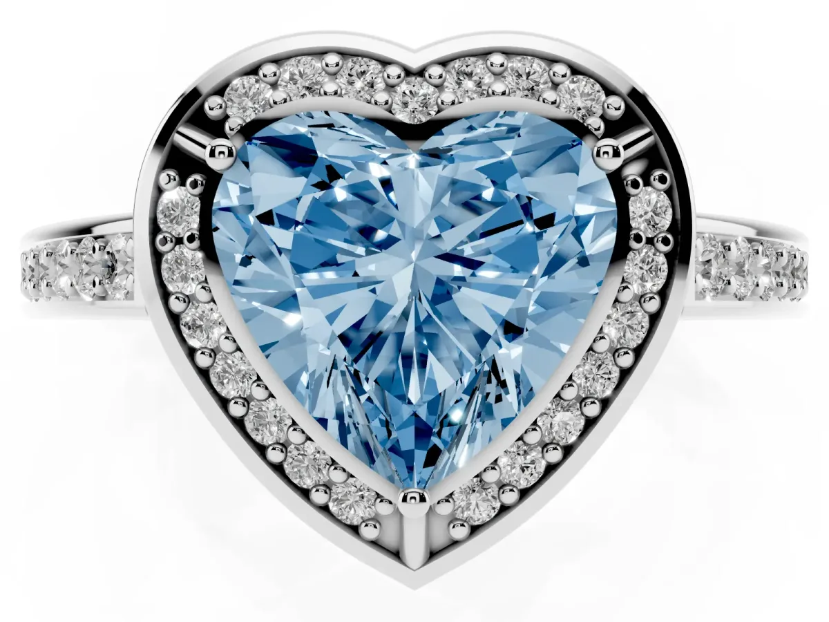 Fancy Blue Heart Cut Cut Halo Pave Split Shank Prong Setting Ring Silver