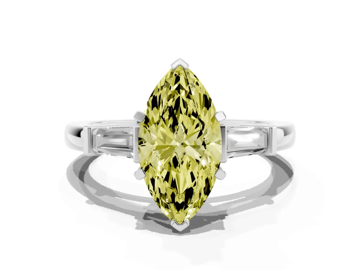 Fancy Yellow Marquise Cut Cut Diamond Solitaire Ring with Tapered Baguette Accents and Four-Prong Setting Silver