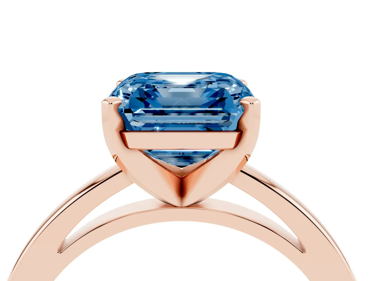 Fancy Blue Asscher Cut Solitaire Diamond Engagement Ring with Four-Prong Setting on a Classic Band Rose gold