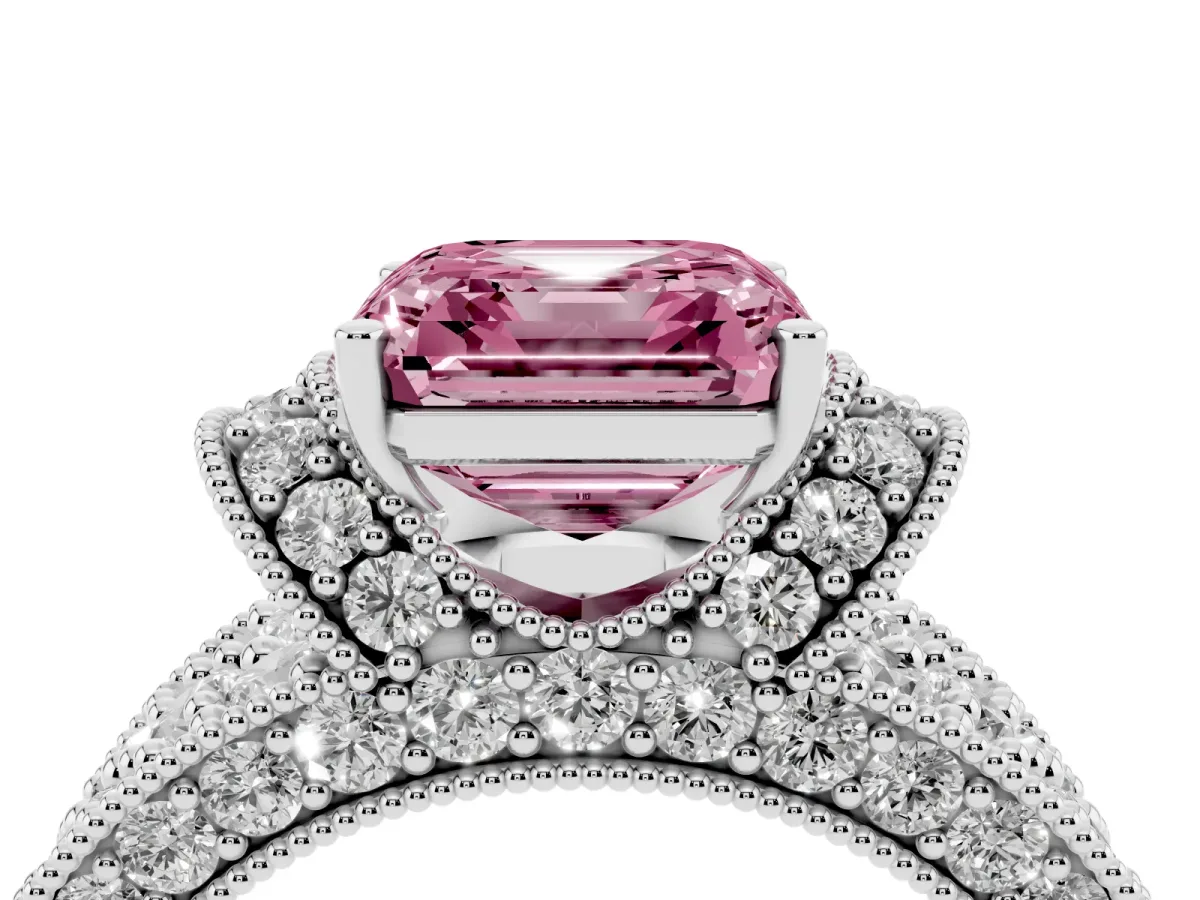 Fancy Pink Asscher Cut Halo Pave Diamond Engagement Ring with Milgrain Detailing Silver