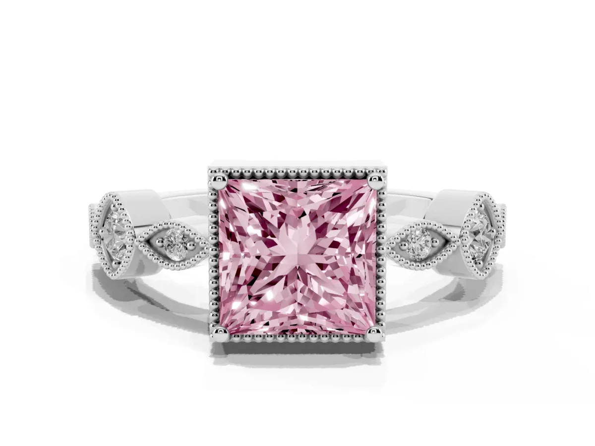 Fancy Pink Princess Cut Diamond Vintage Milgrain Ring with Round Stations Silver