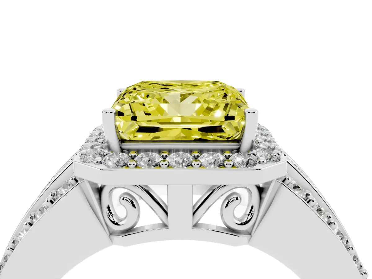 Fancy Yellow Princess Cut Halo Diamond Ring with Round Split Shank and Prong Setting Silver