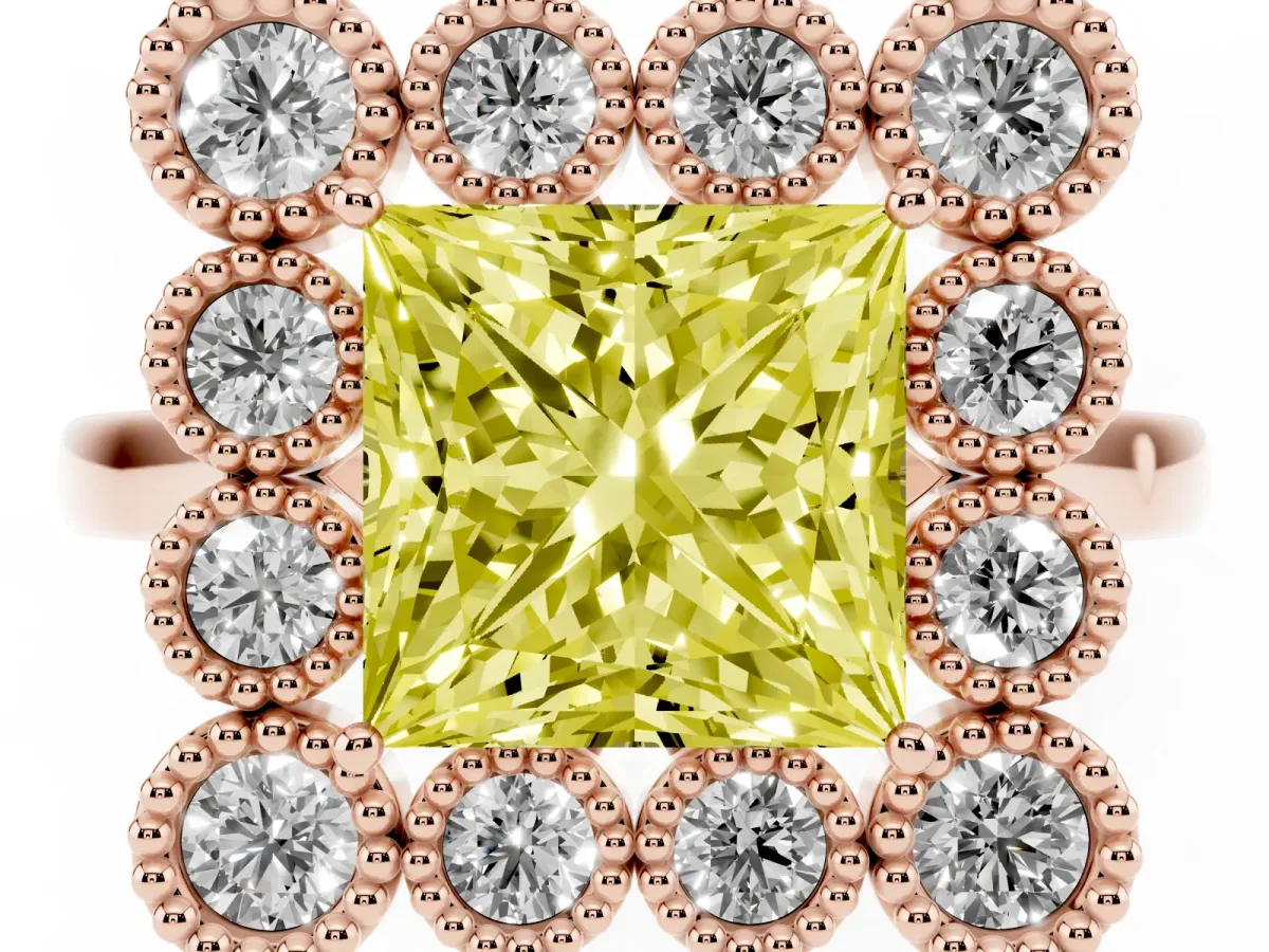 Fancy Yellow Princess Cut Halo Diamond Cluster Engagement Ring with Milgrain Bezel Setting and Solitaire Band Rose gold