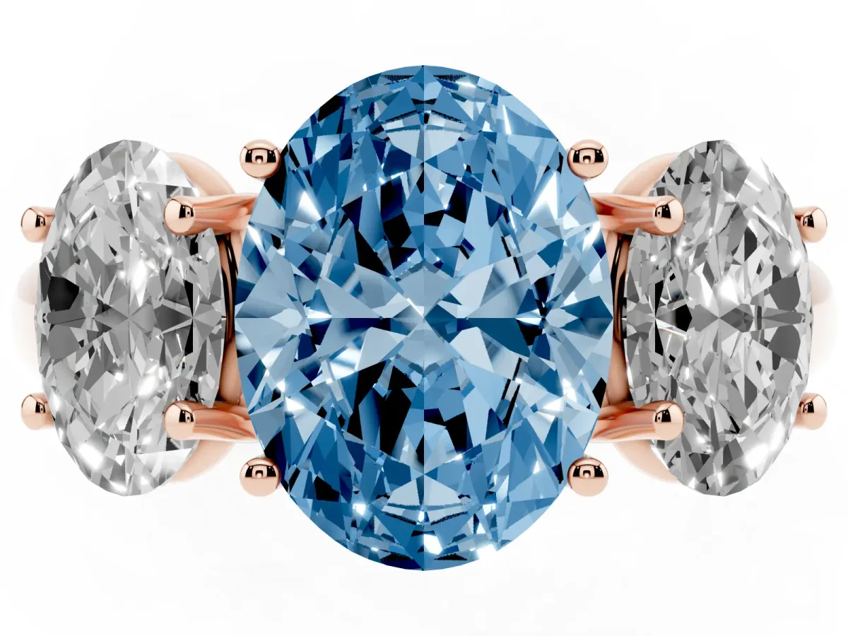 Fancy Blue Three-Stone Oval Cut Diamond Engagement Ring with Prong Setting Rose gold