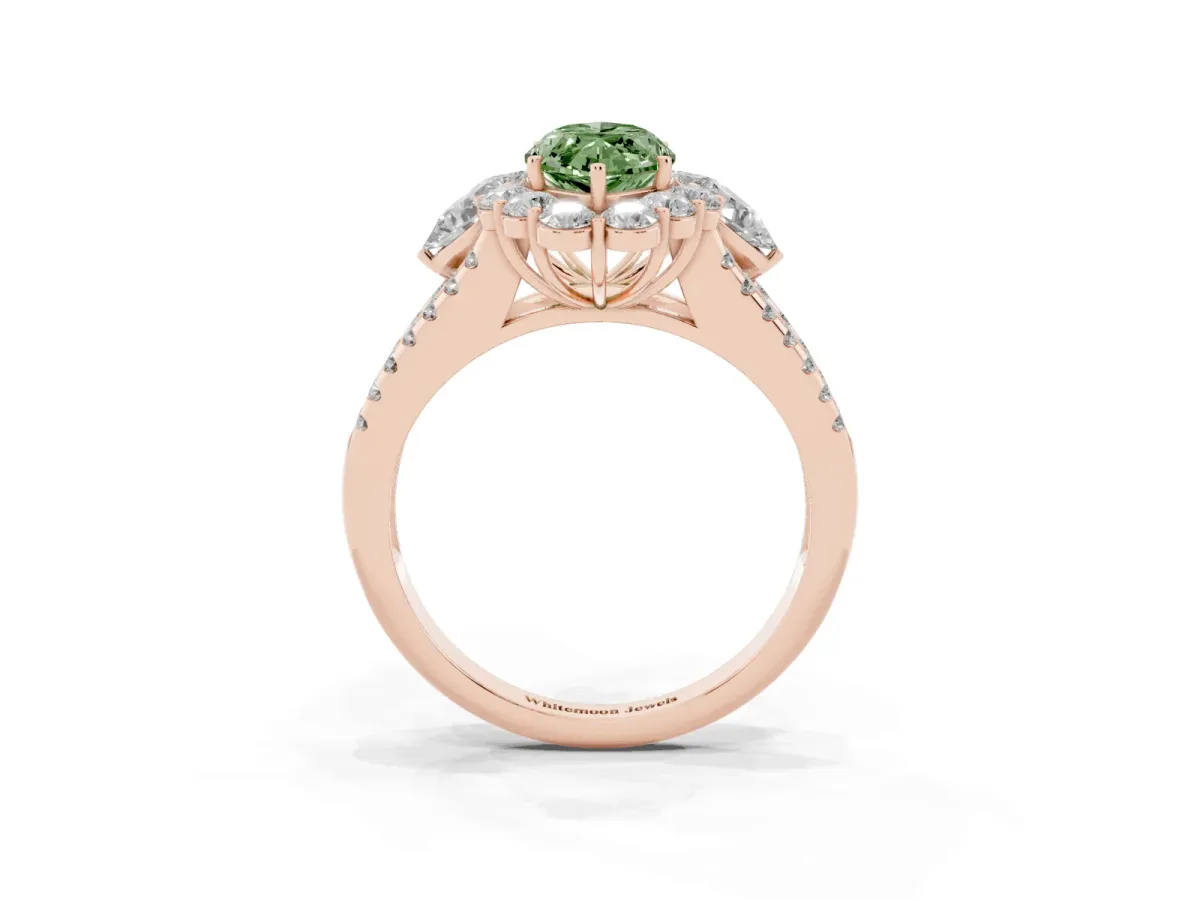 Fancy Green Marquise Cut Halo Split Shank Diamond Engagement Ring with Prong Setting Rose gold