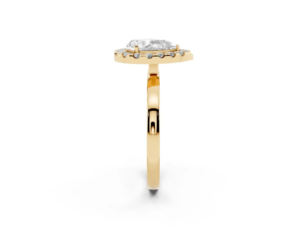 Pear Cut Halo Diamond Solitaire with Pavé Band and Four-Prong Setting Yellow gold