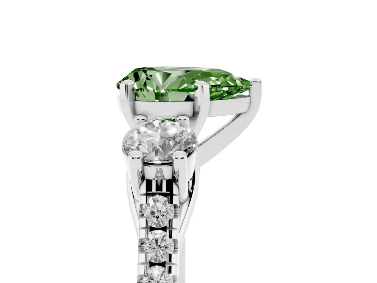 Fancy Green Three-Stone Pear Cut Diamond Pavé Band with Four-Prong Setting Platinum