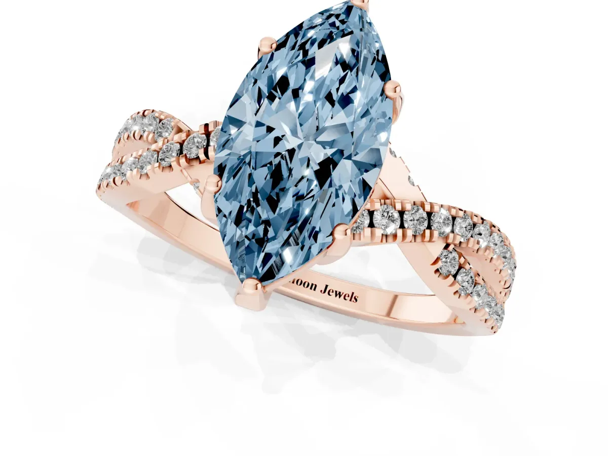 Fancy Blue Marquise Cut Solitaire Twist Pave Diamond Engagement Ring with Prong Setting Rose gold