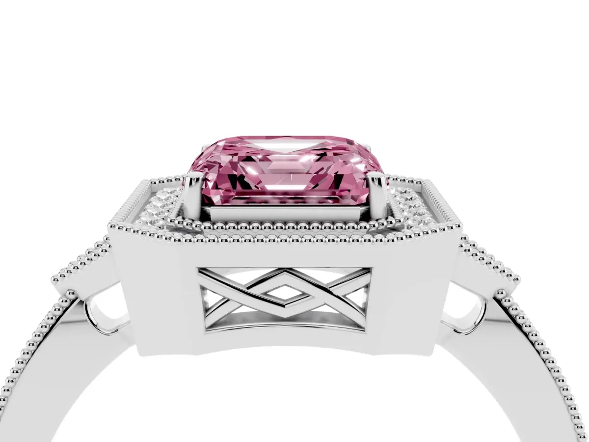 Fancy Pink Asscher Cut Halo Round Diamond Milgrain Pave Engagement Ring Platinum