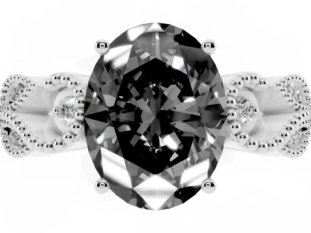 Fancy Black Oval Cut Solitaire Milgrain Leaf Band with Prong Setting Silver