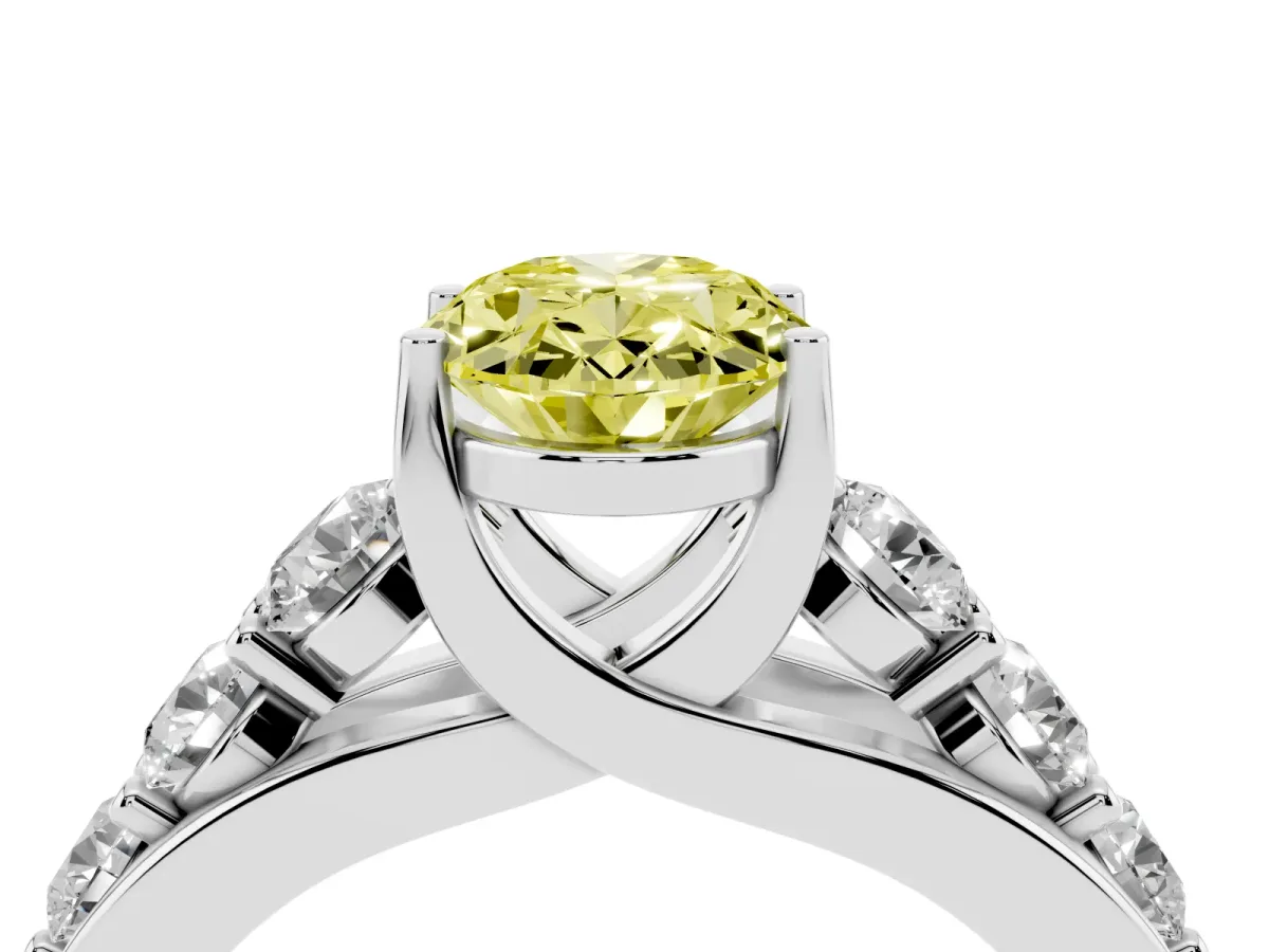 Fancy Yellow Oval Cut Diamond Engagement Ring with Pavé Band and Four-Prong Setting Silver
