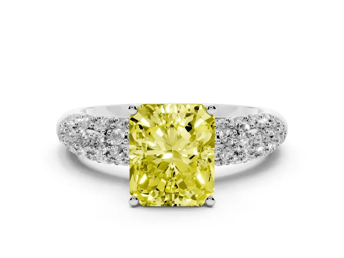 Fancy Yellow Radiant Cut Diamond Pavé Band Solitaire Ring with Four-Prong Setting Silver