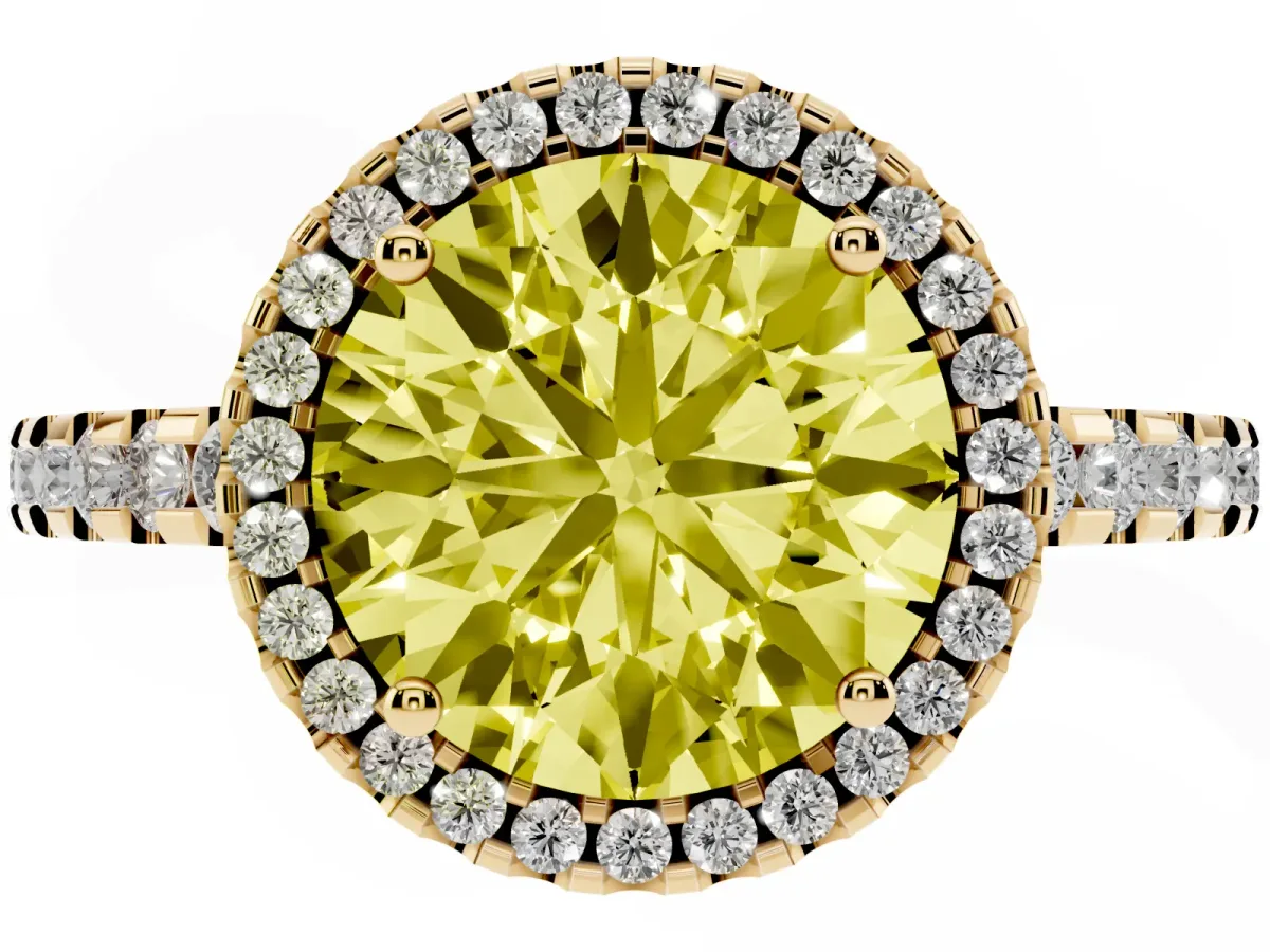 Fancy Yellow Round Cut Diamond Halo Engagement Ring with Pavé Band and Prong Setting Yellow gold