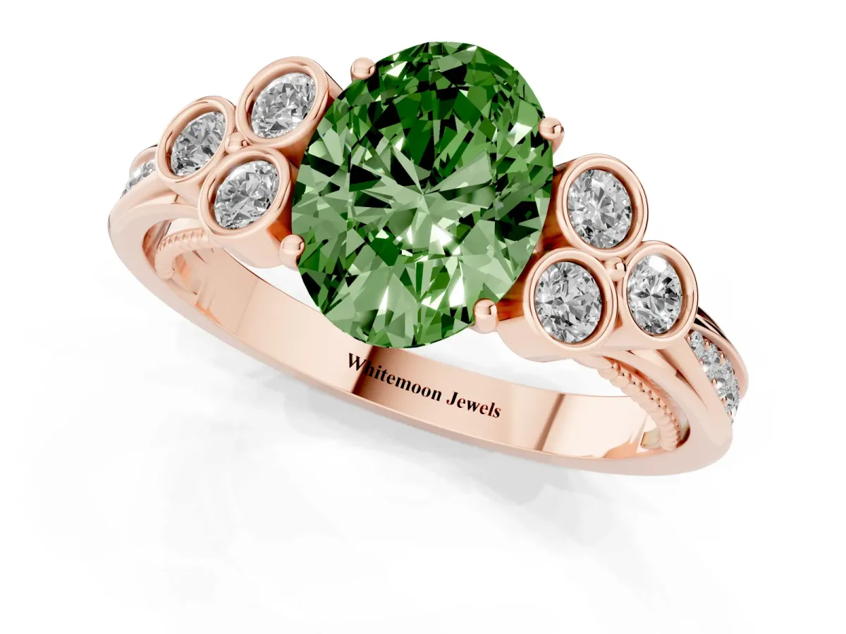 Fancy Green Oval Cut Cut Diamond Engagement Ring with Bezel Set Round Side Stones and Prong Setting Rose gold