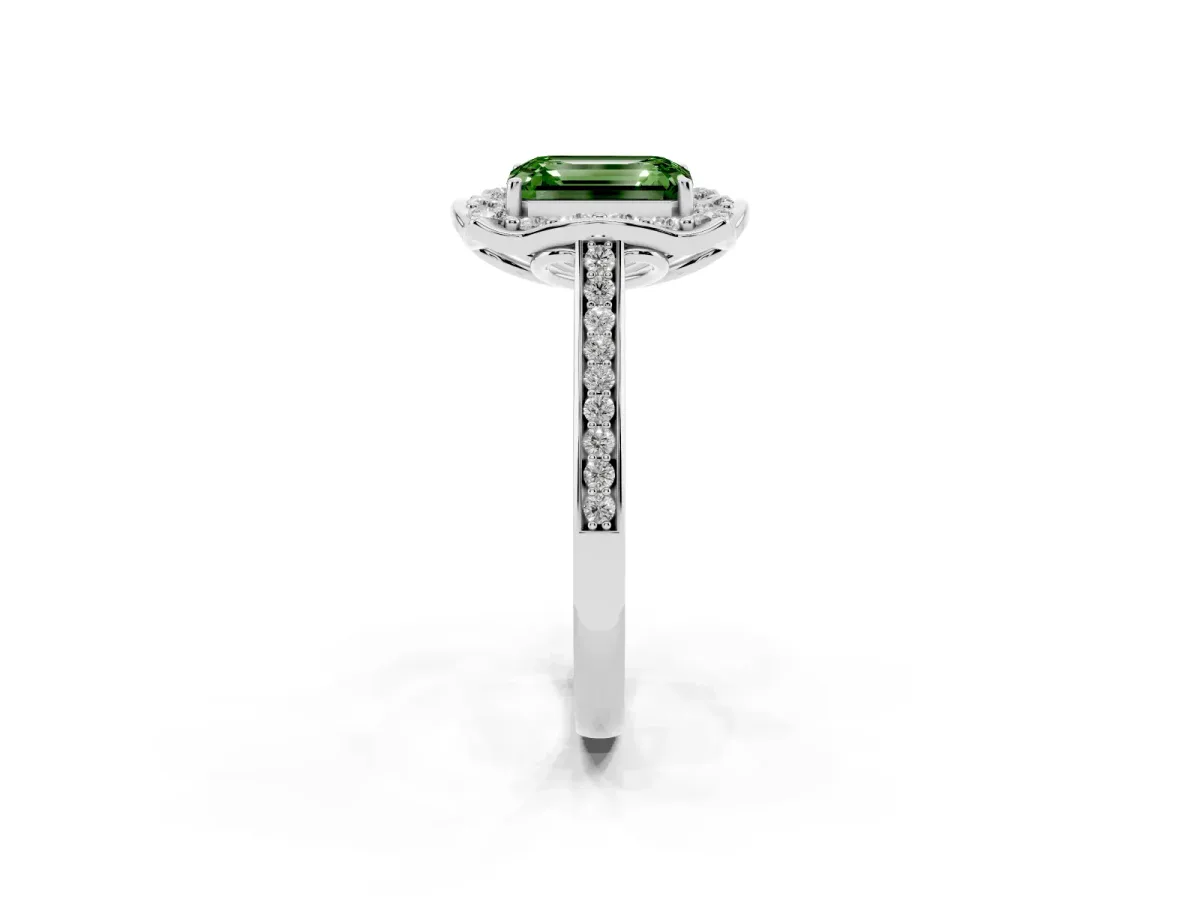 Fancy Green Emerald Cut Halo Round Diamond Pave Band with Four-Prong Setting Silver