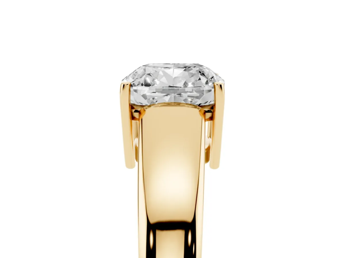 Cushion Cut Solitaire Diamond Ring with Tapered Band and Four-Prong Setting Yellow gold