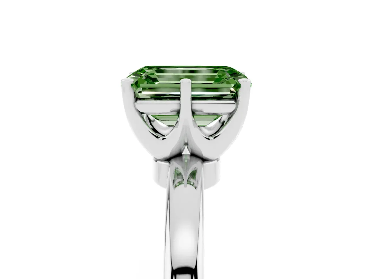 Fancy Green Emerald Cut Solitaire Diamond Ring with Six-Prong Setting on a Classic Band Platinum
