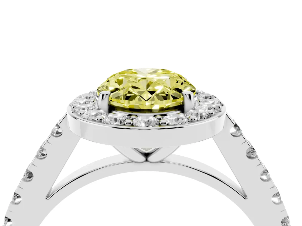 Fancy Yellow Oval Cut Diamond Halo Ring with Round Pavé Split Shank and Prong Setting Silver