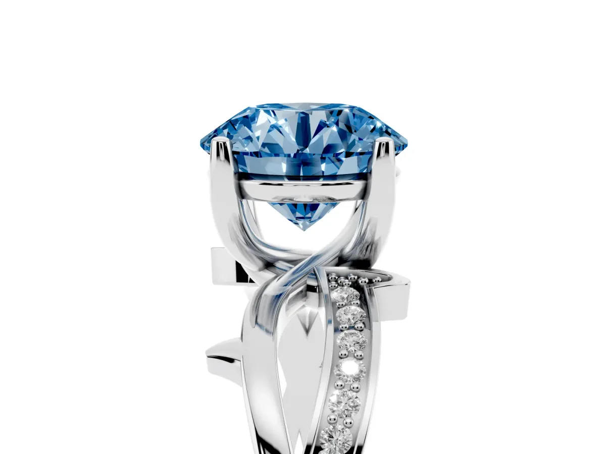 Fancy Blue Round Cut Solitaire Twist Band with Pavé Accents and Four-Prong Setting Platinum