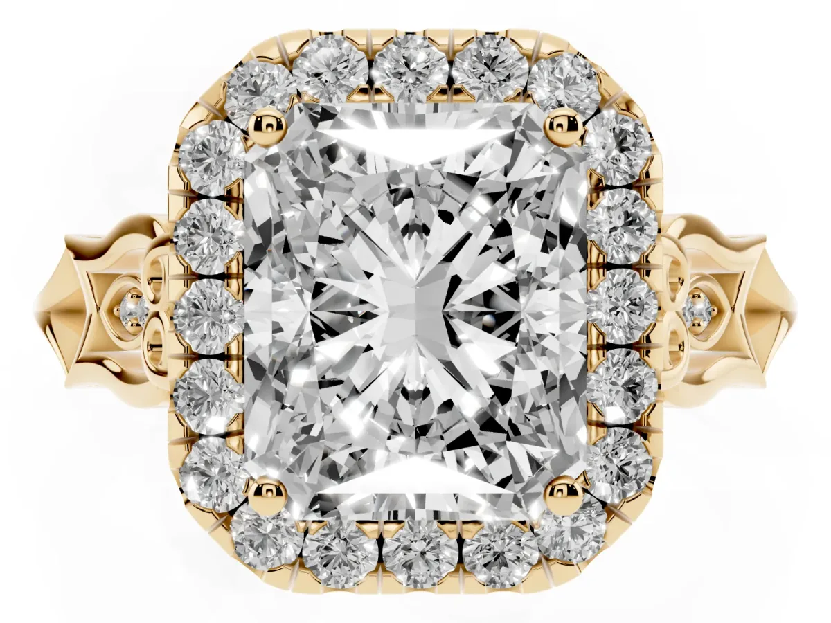 Radiant Cut Halo Diamond Engagement Ring with Filigree Band and Four-Prong Setting Yellow gold