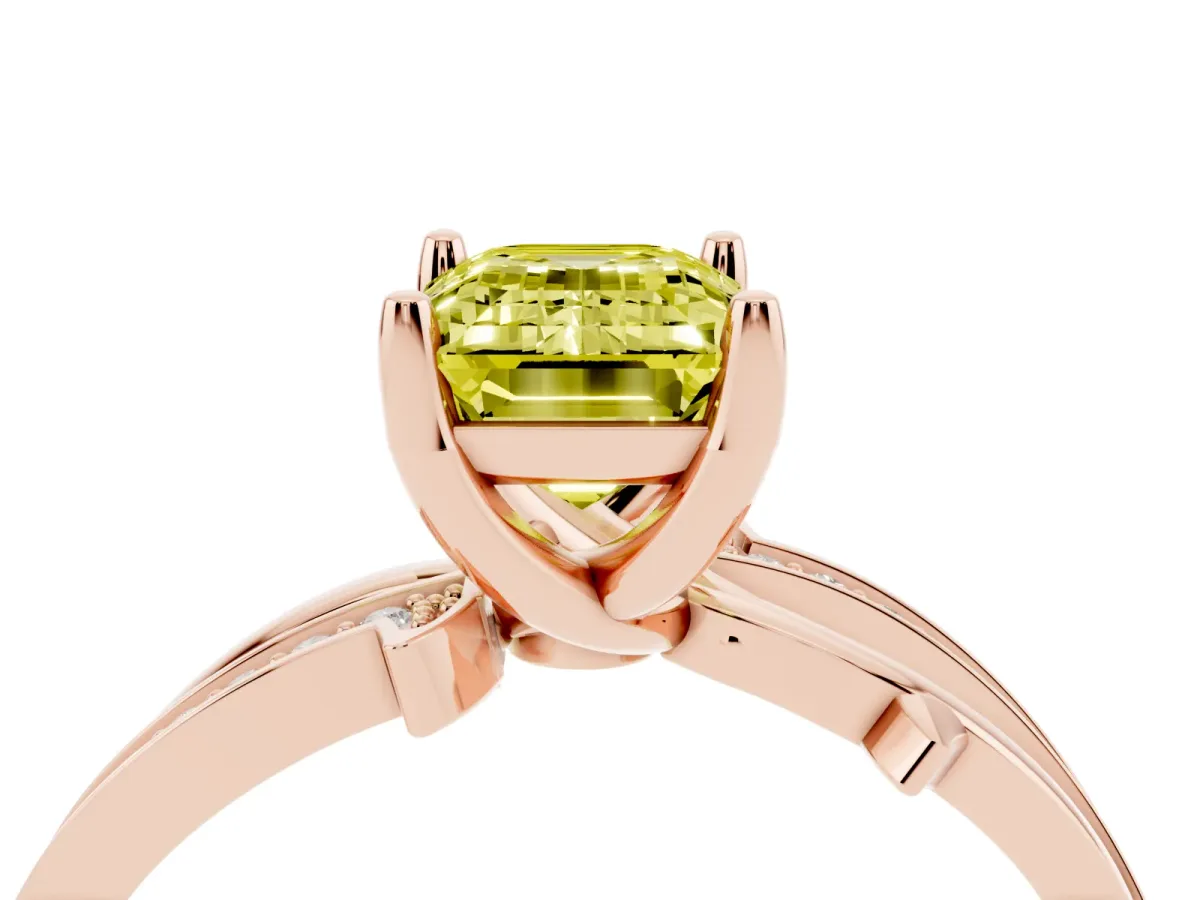 Fancy Yellow Emerald Cut Solitaire Twist Band with Pavé Accents and Four-Prong Setting Rose gold