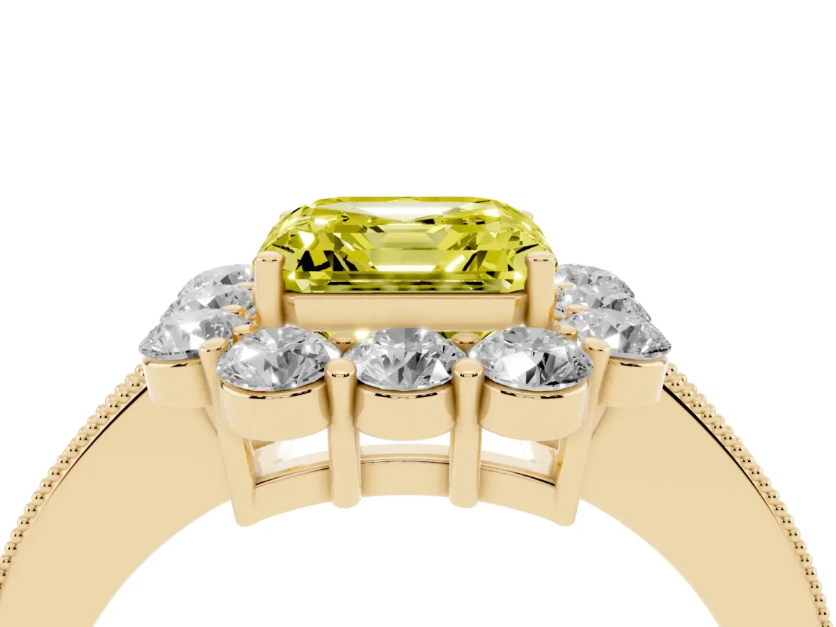 Fancy Yellow Asscher Cut Cut Halo Diamond Pavé Engagement Ring with Milgrain Detailing Yellow gold