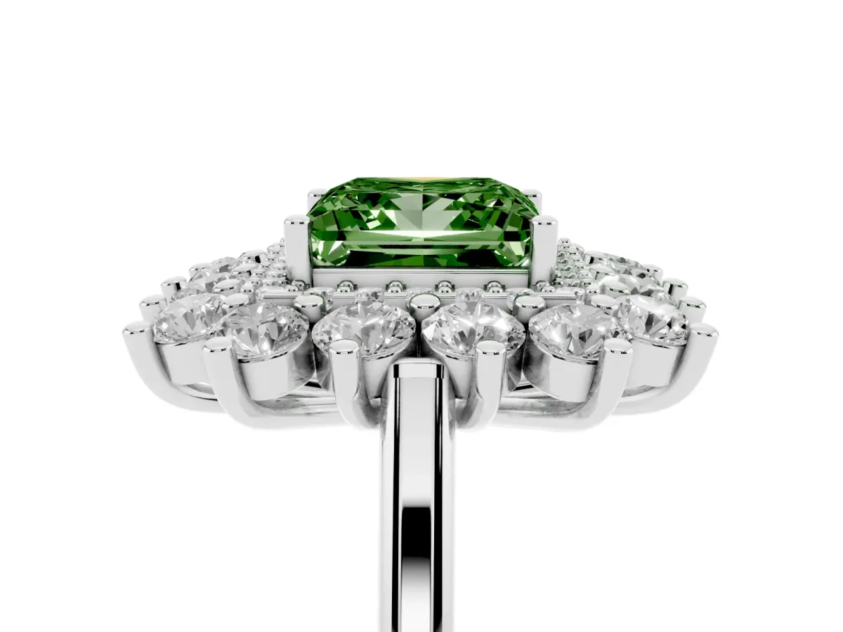 Fancy Green Princess Cut Diamond Floral Double Halo Engagement Ring with Prong Setting White gold