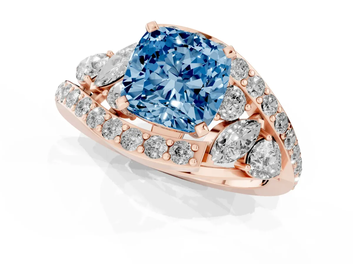 Fancy Blue Cushion Cut Diamond Halo Ring with Marquise and Pavé Band in Prong Setting Rose gold