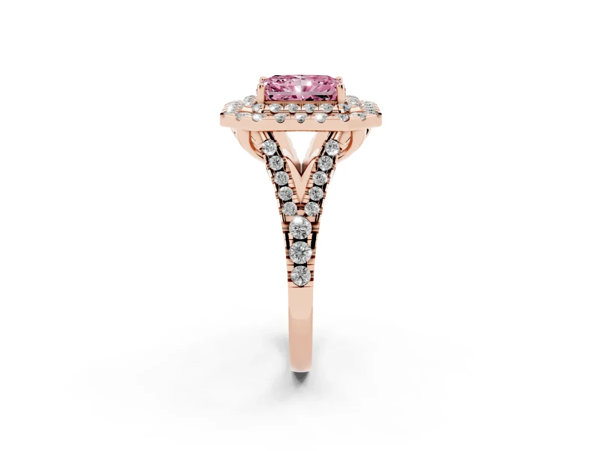 Fancy Pink Double Halo Radiant Cut Diamond Pavé Split Shank Ring with Prong Setting Rose gold
