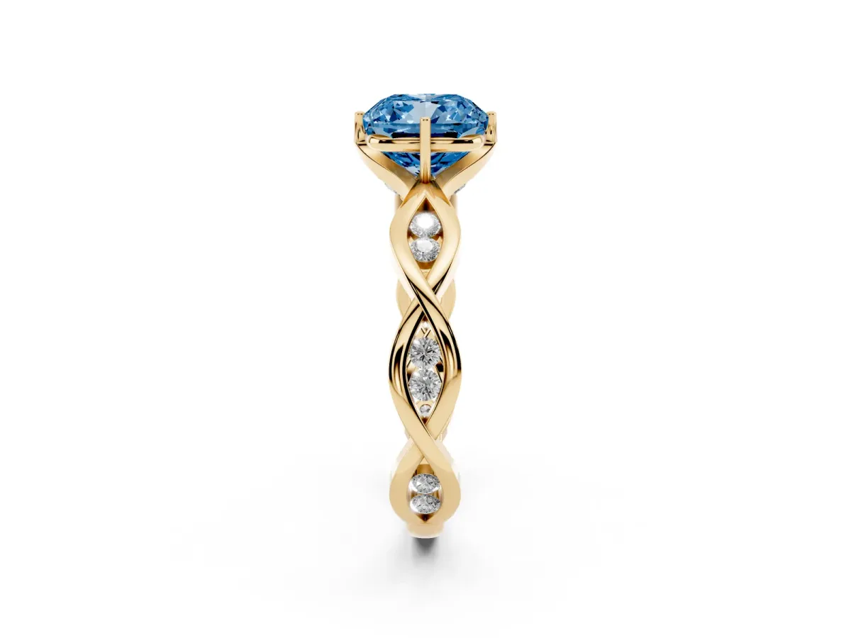 Fancy Blue Cushion Cut Solitaire Twist Band with Leaf Prong Setting Yellow gold