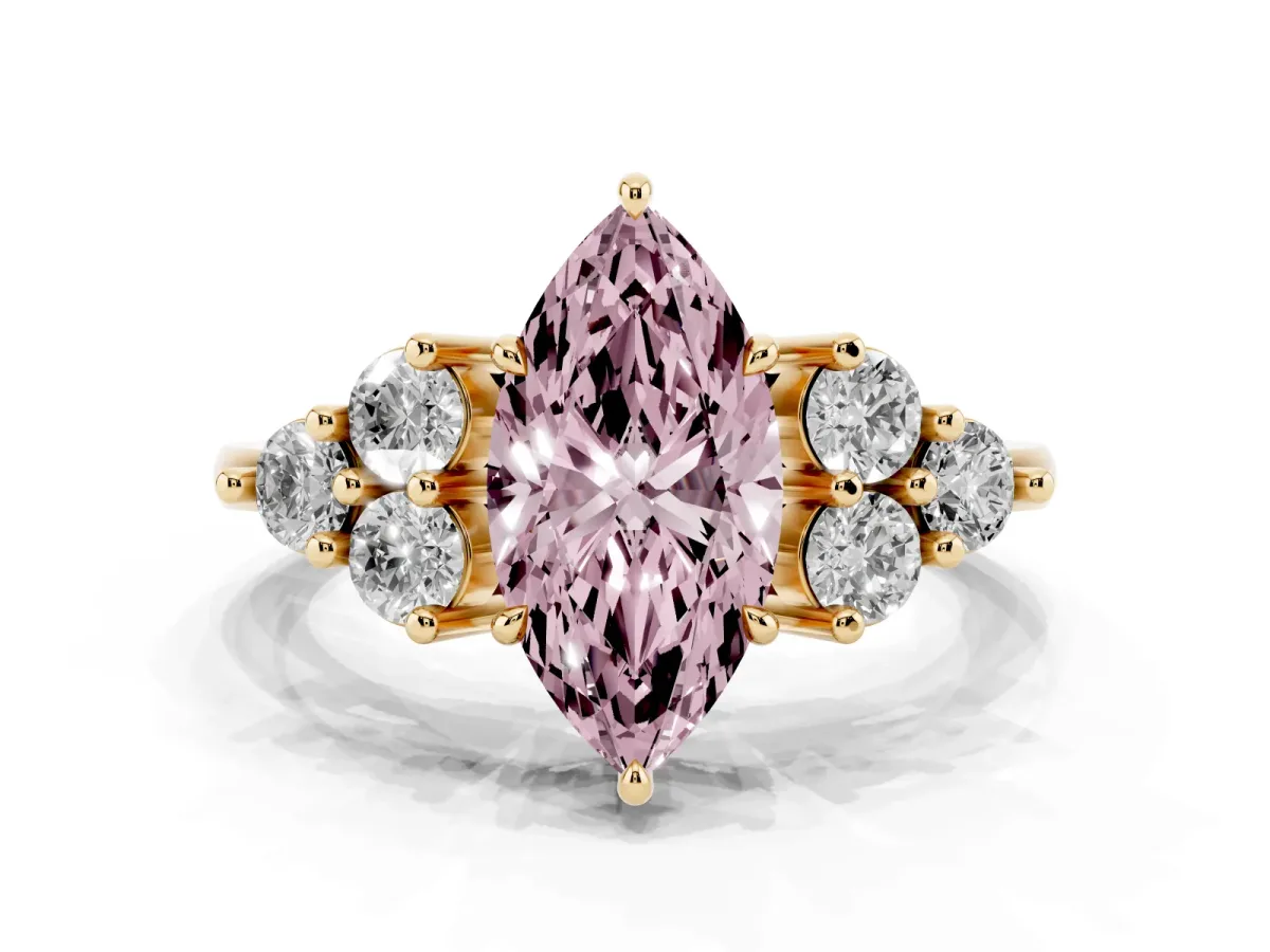 Fancy Pink Marquise Cut Brilliant Diamond Cluster Accent Solitaire Ring with Prong Setting Yellow gold