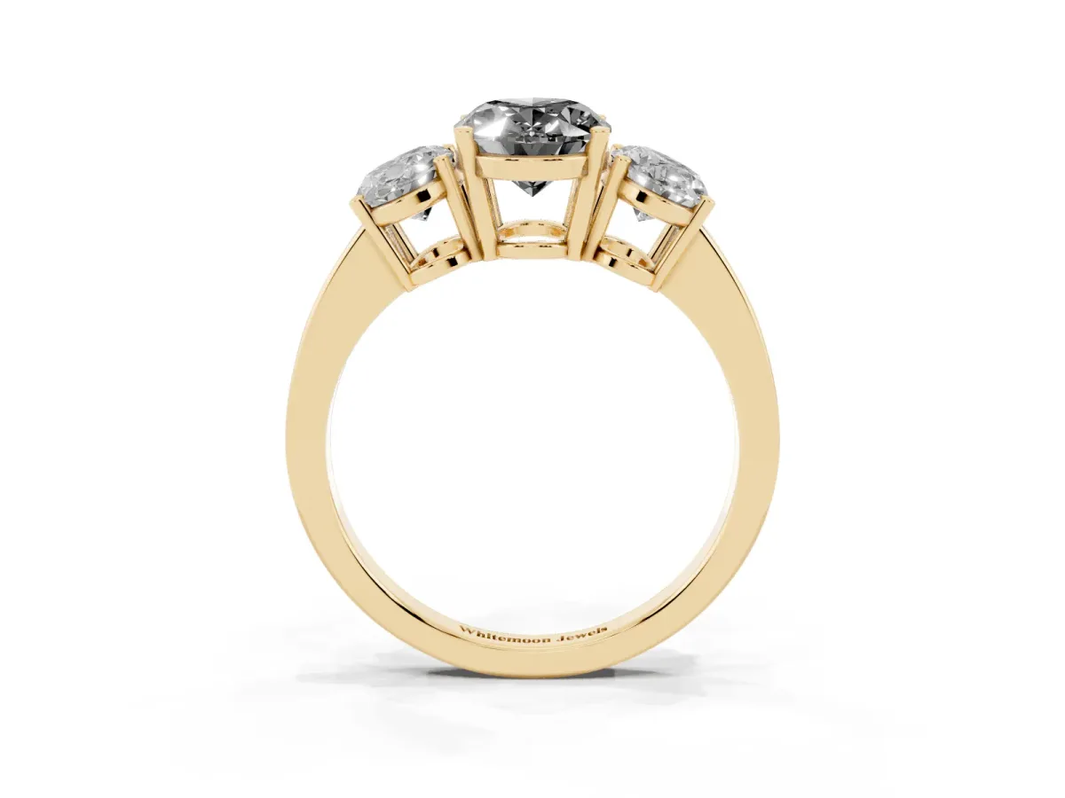 Fancy Black Three-Stone Oval Cut Cut Diamond Engagement Ring with Flat Band and Four-Prong Setting Yellow gold