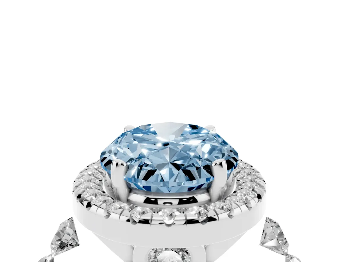 Fancy Blue Oval Cut Halo Pavé Diamond Engagement Ring with Four-Prong Setting Silver