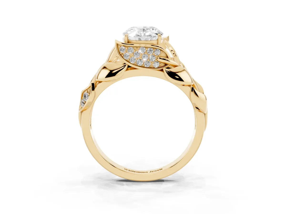 Oval Cut Diamond Leaf-Inspired Engagement Ring with Round Accents and Prong Setting Yellow gold