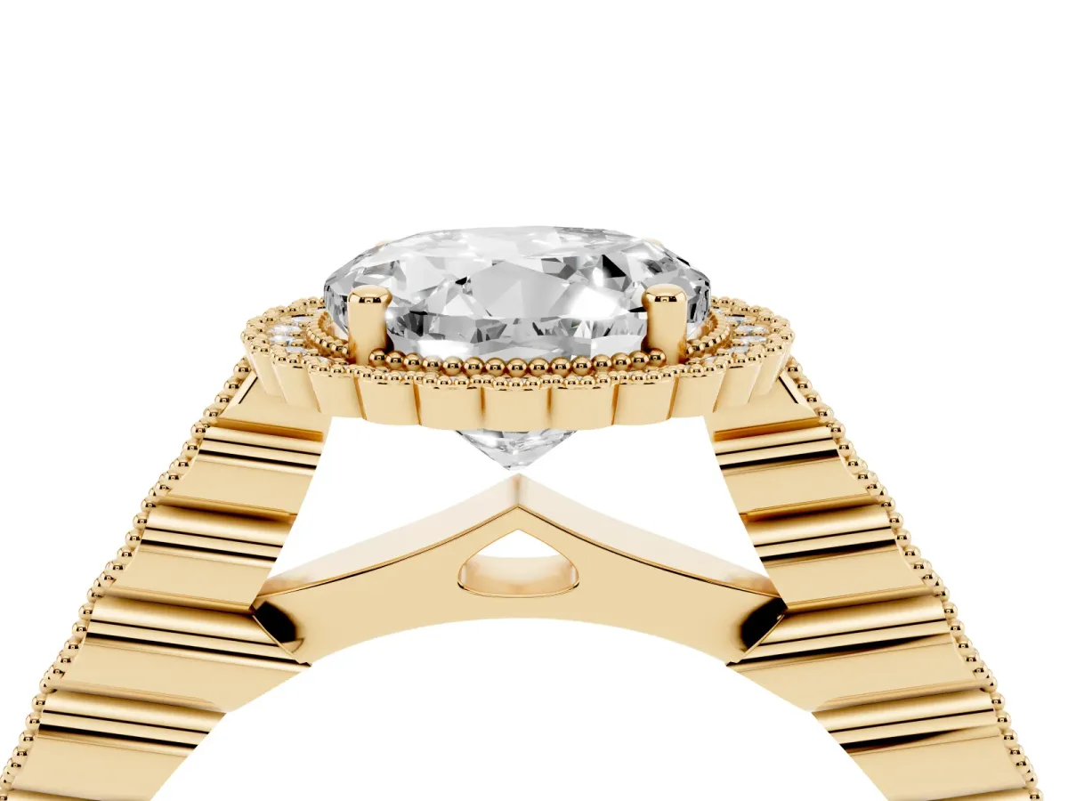 Round Cut Cut Halo Pavé Solitaire Ring with Milgrain Band Yellow gold