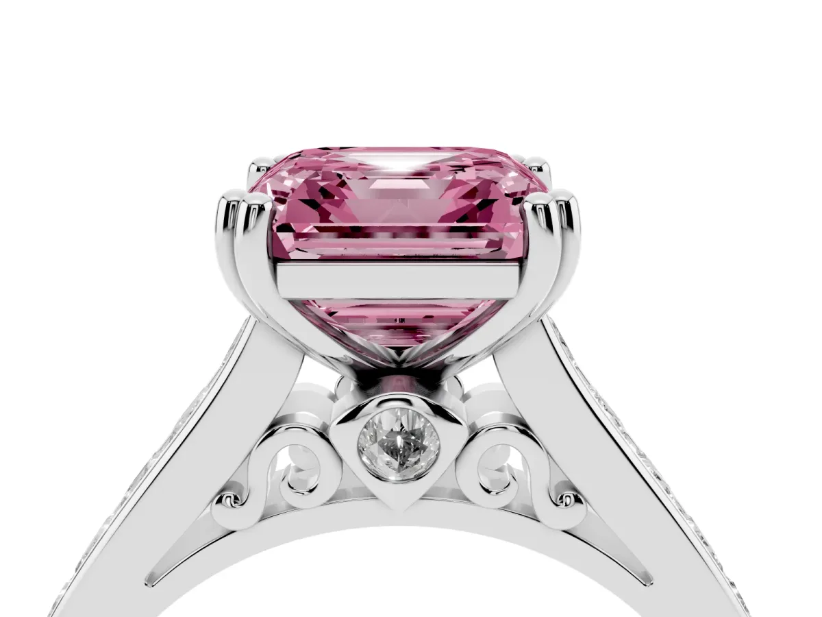 Fancy Pink Asscher Cut Cut Channel Set Solitaire Engagement Ring with Prong Setting Silver