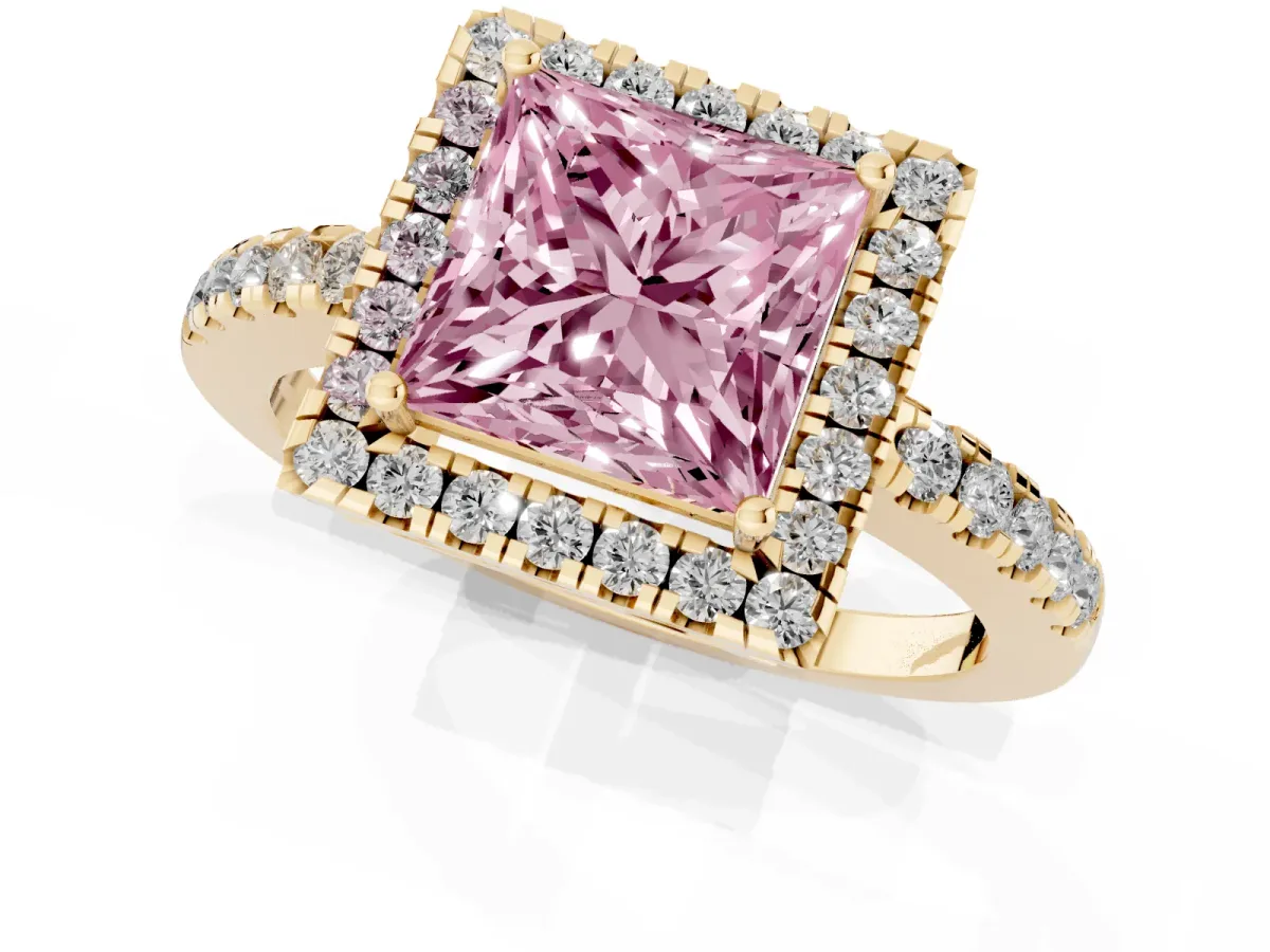 Fancy Pink Princess Cut Halo Diamond Engagement Ring with Pavé Band and Four-Prong Setting Yellow gold