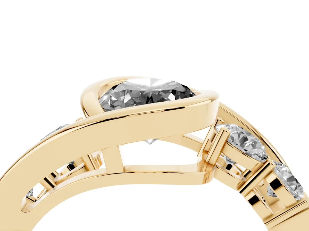 Fancy Black Bezel Set Oval Cut Diamond Bypass Ring with Round Accents Yellow gold