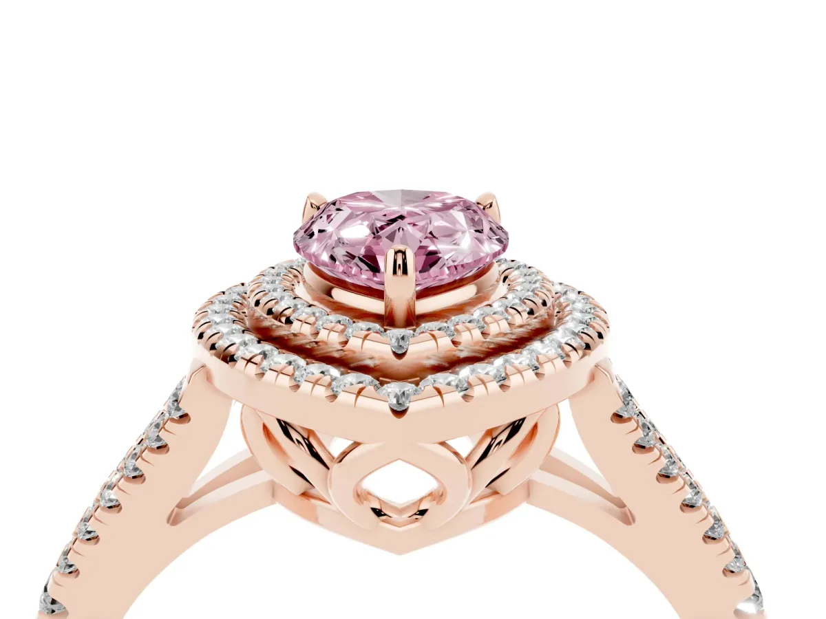 Fancy Pink Pear Cut Diamond Double Halo Ring with Pavé Band and Prong Setting Rose gold