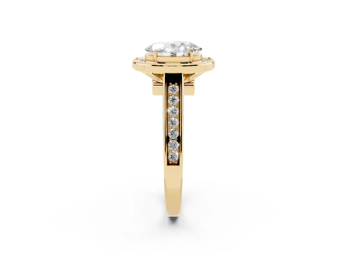Oval Cut Halo Solitaire Diamond Ring with Pave Band and Bezel Setting Yellow gold