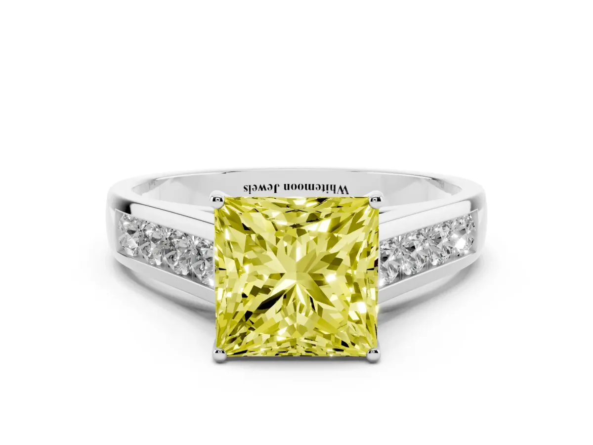 Fancy Yellow Princess Cut Brilliant Channel-Set Solitaire Ring with Four-Prong Setting Platinum
